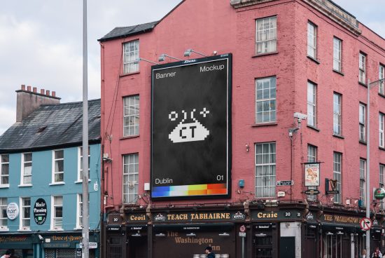 Urban billboard mockup atop a red building in Dublin, showcasing pixel art design, ideal for advertising and mockup graphic designs.
